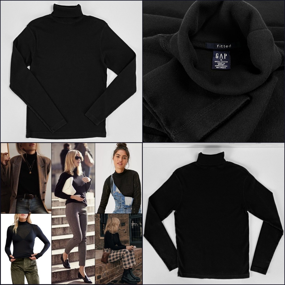 Vtg Gap Holiday 00 Fitted Black Turtleneck Tee S Soft Jersey Cotton‎ Iconic Chic